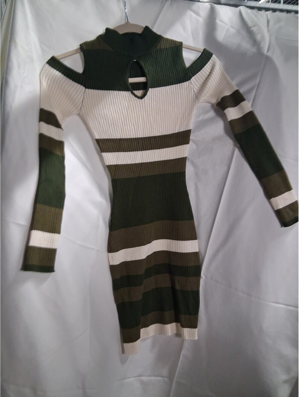 Say What Dress Small Green Stripe Cold Shoulder Sweater Bodycon M2